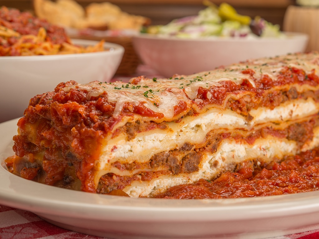 A close-up of lasagna from Buca di Beppo