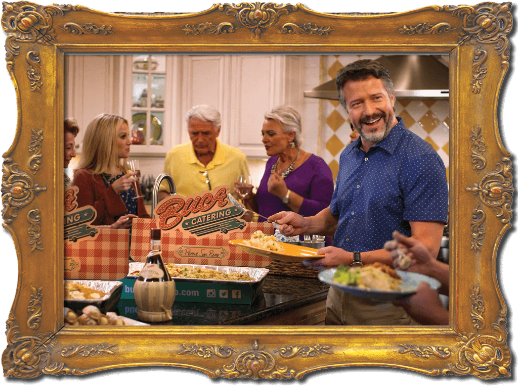 Buca di Beppo italian Restaurant Party Catering with image of family enjoying Italian food in kitchen