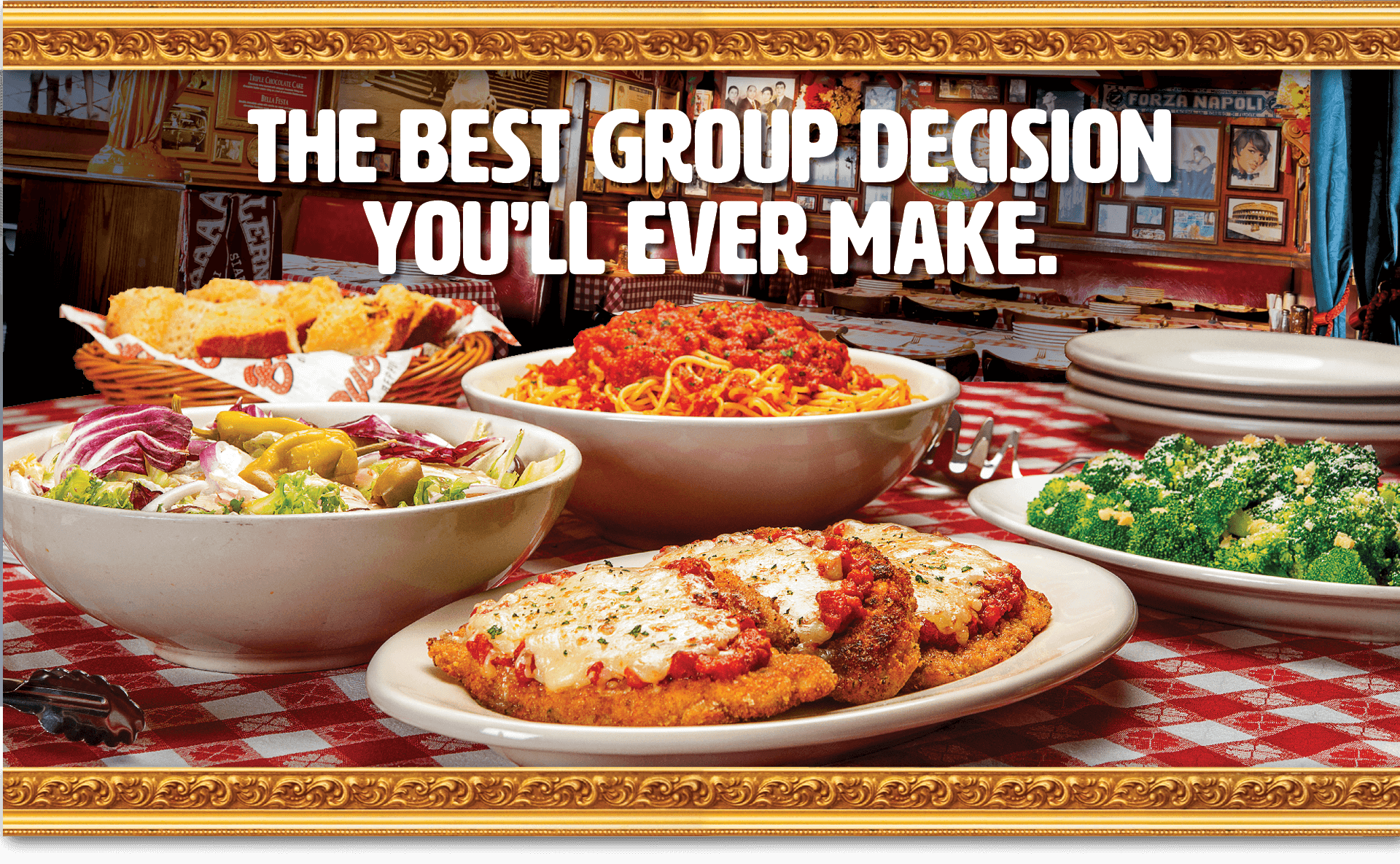 Buca di Beppo italian Restaurant Group Dining, The Best Group Decision You’ll Ever Make, image of table with Italian Food served Family Style Platters