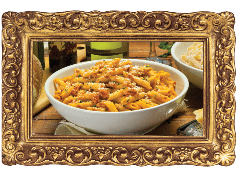 A framed photo of Buca di Beppo's pasta