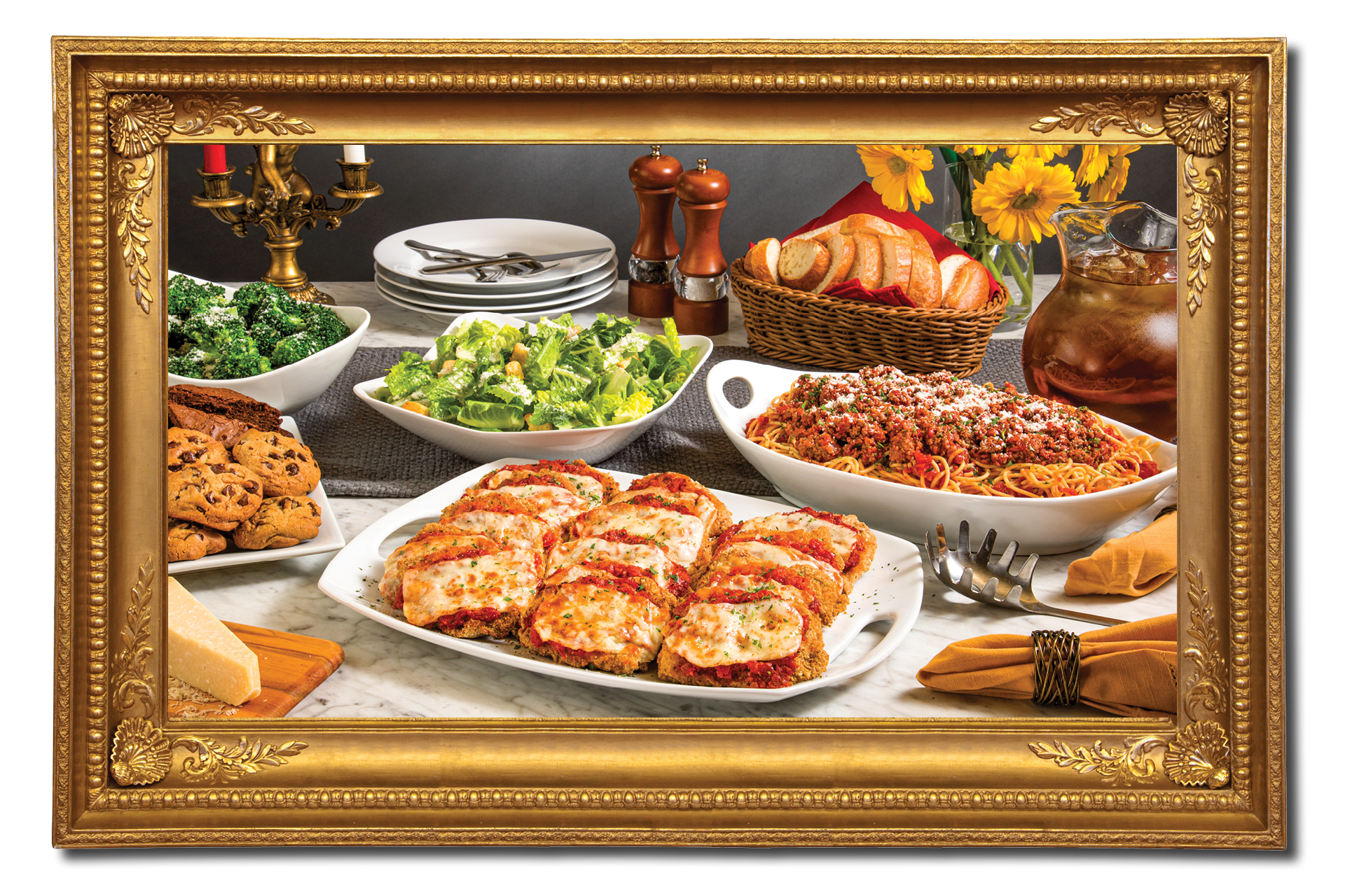 A spread of catering dishes from Buca di Beppo